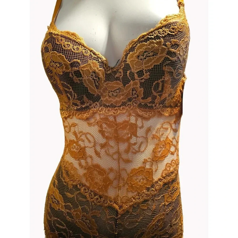 NWT French Affair Push Up Bra Bodysuit Gold Lined with Black Lingerie Size Small - Picture 3 of 9